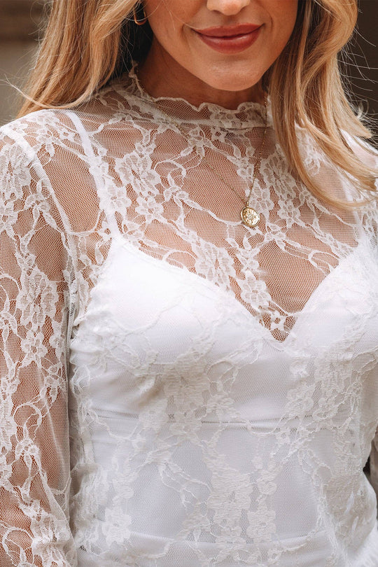 Sheer Lace Mesh Mock Neck Long Sleeve Top