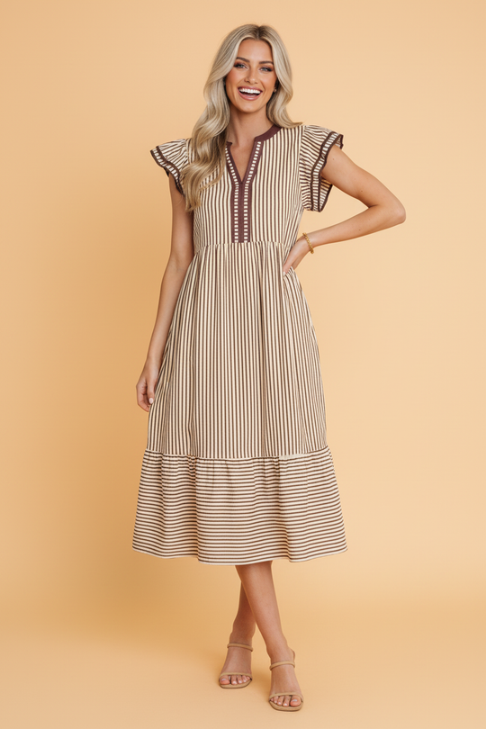 Camilla Stripe Ruffle Short Sleeve V-Neck Midi Dress