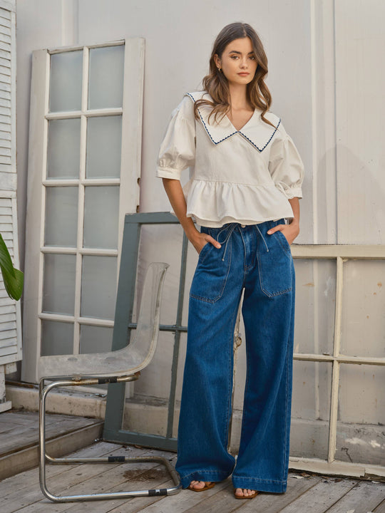 CC EMBORDIERED BIG COLLAR WRAP RUFFLE TOP