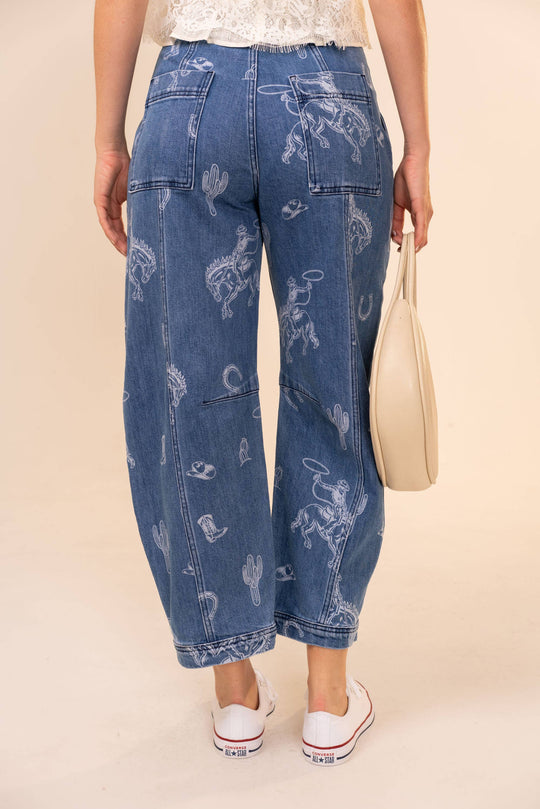 Selena Western Print Barrel Leg Denim Jean
