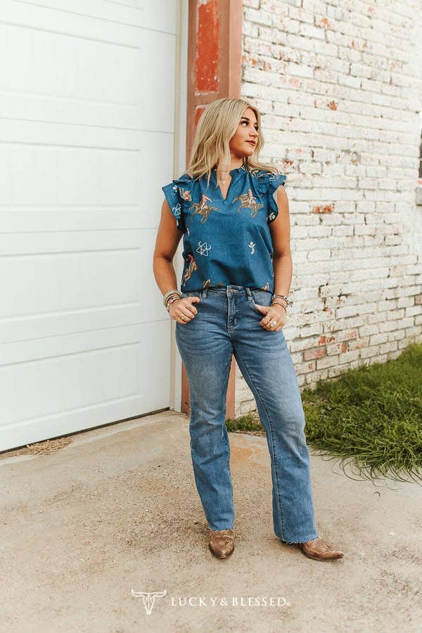 Mid Wash Cowboy Printed Ruffle Western Sleeve Top