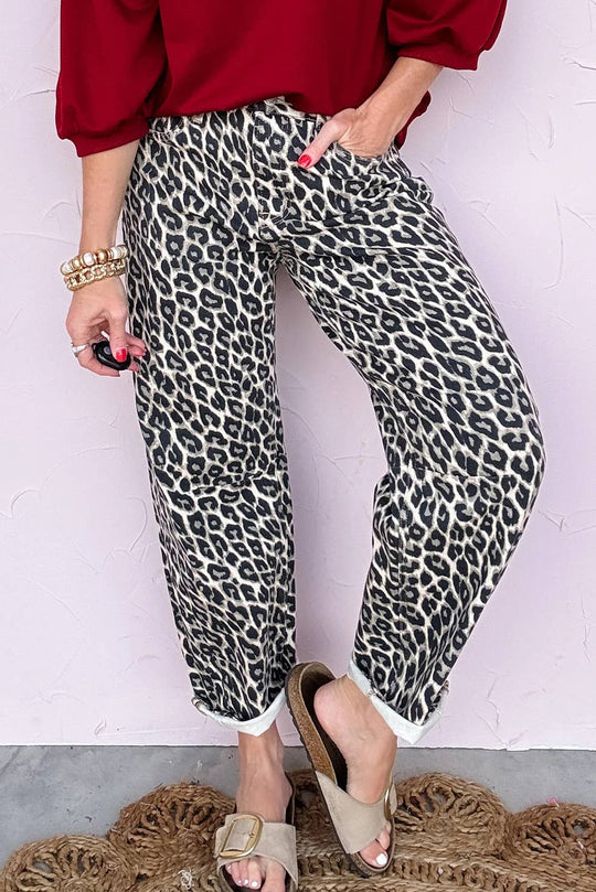 Leopard High Waist Barrel Leg Jeans