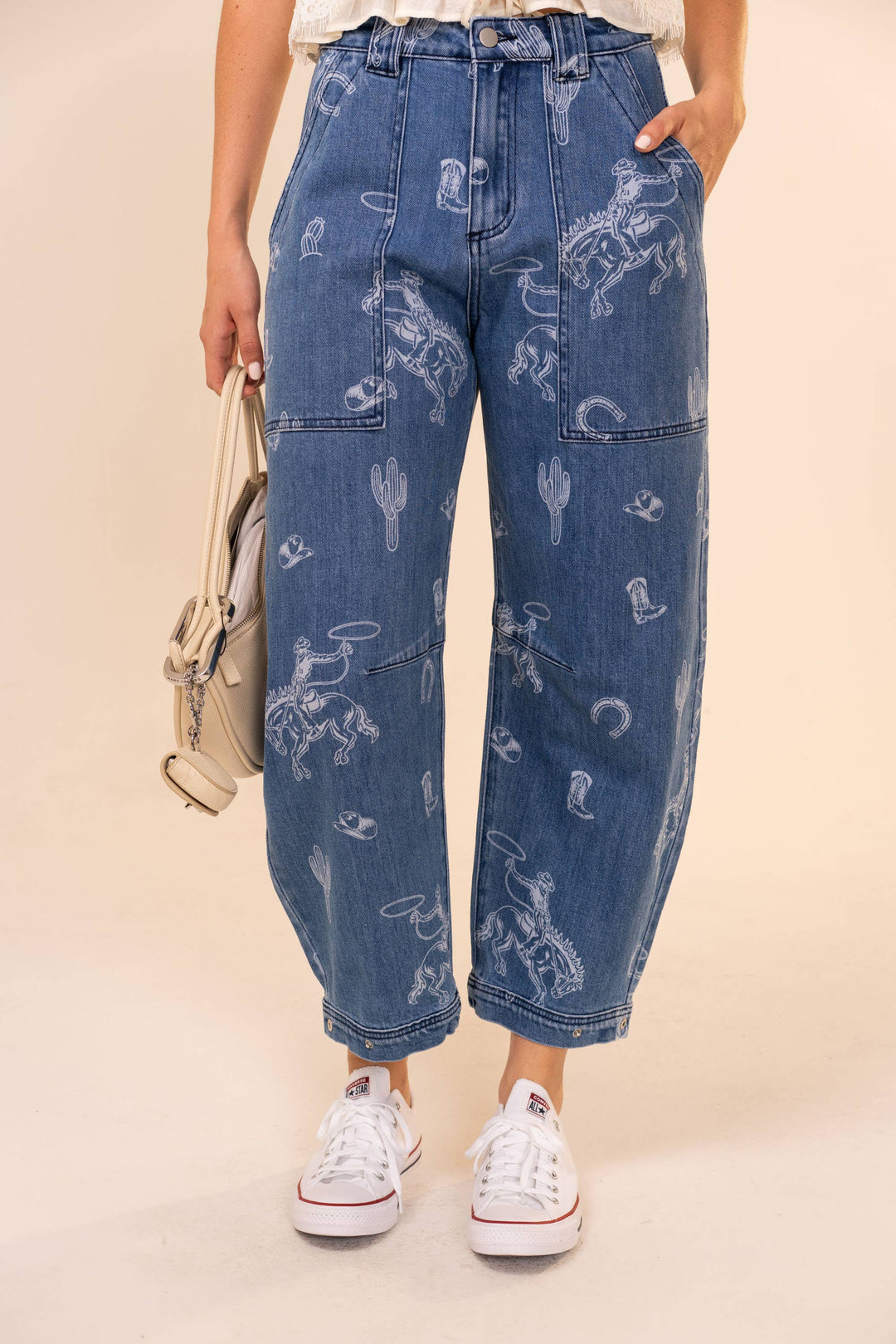 Selena Western Print Barrel Leg Denim Jean