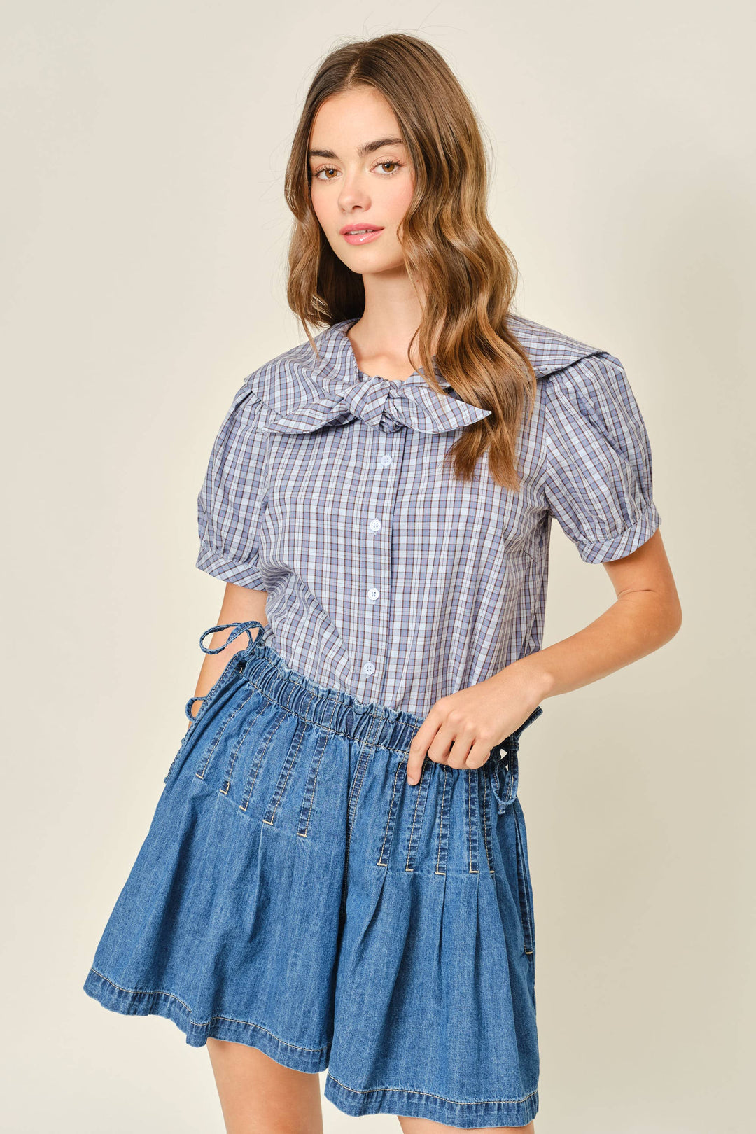 Amber COLLAR PLAID PUFF SLEEVE BLOUSE