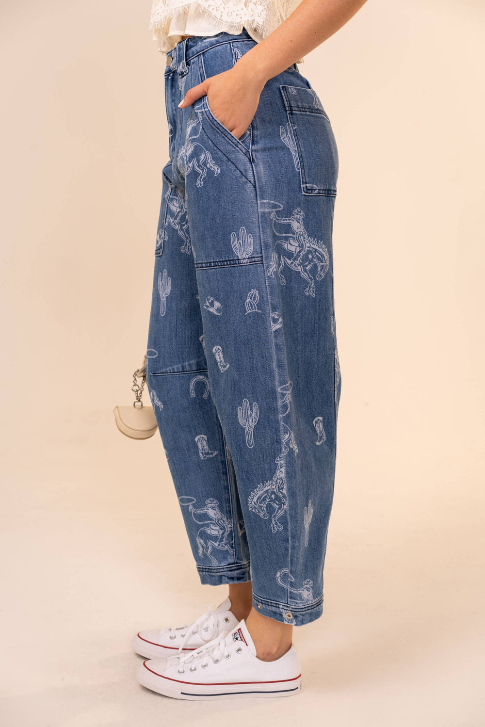 Selena Western Print Barrel Leg Denim Jean
