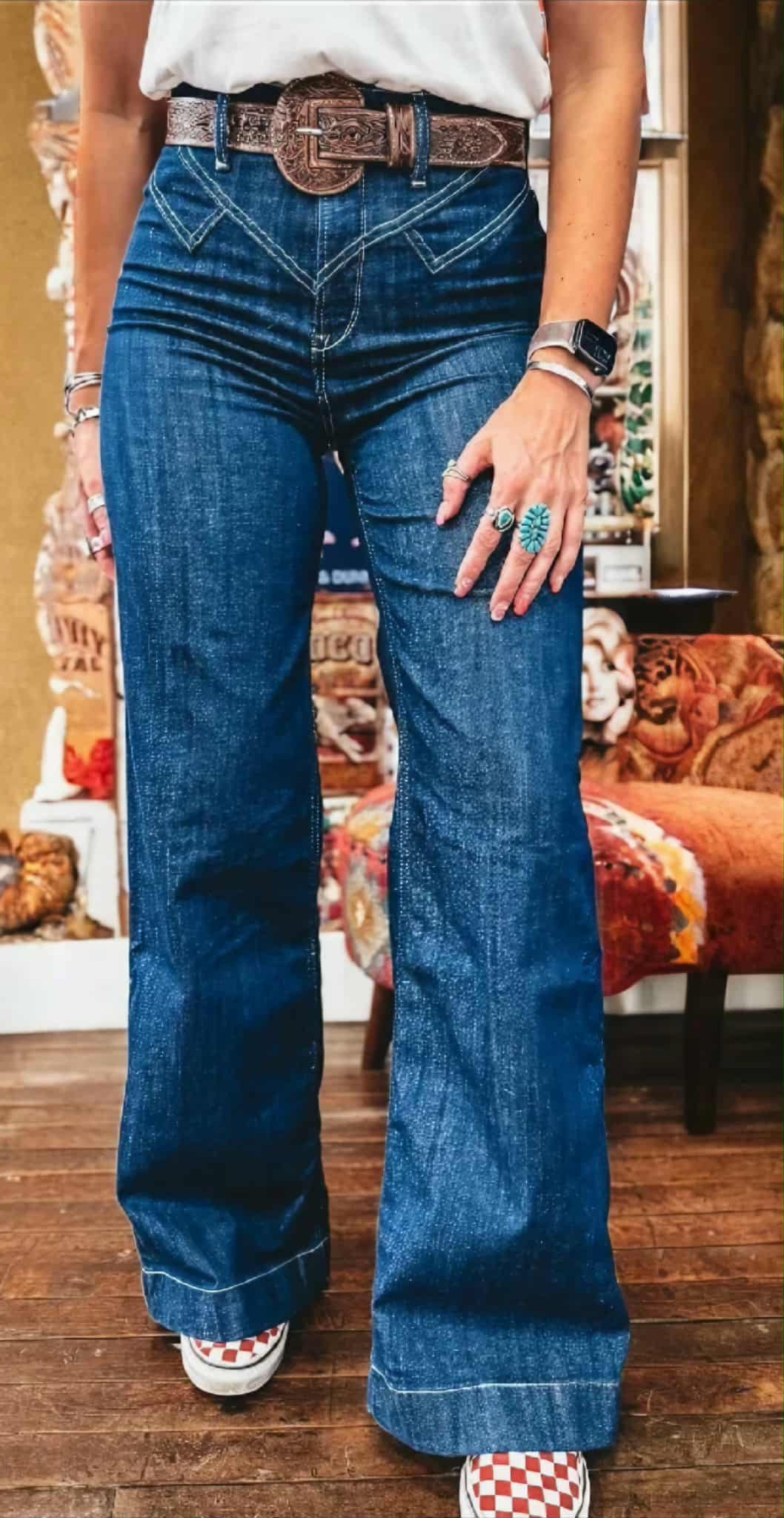 Sail Blue Stitched Waist Jeans Loose Cuffed Jeans