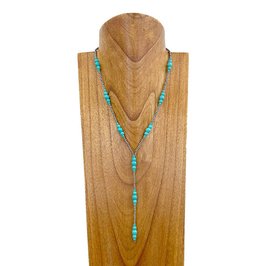 NKZ240330-05                       Silver Navajo pearl with blue turquoise stone beads "Y" shape Necklace