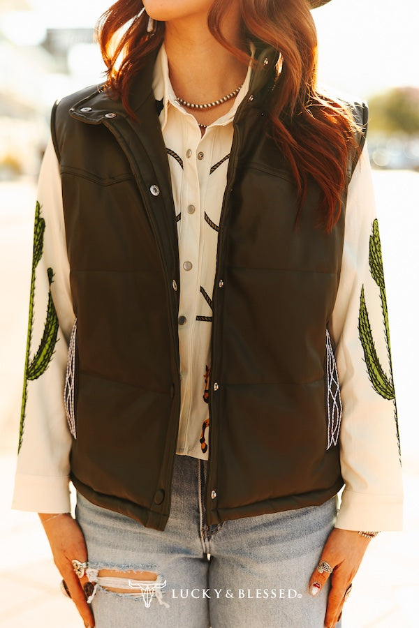 Olive Quilted Leather Bootstitch Crop Vest