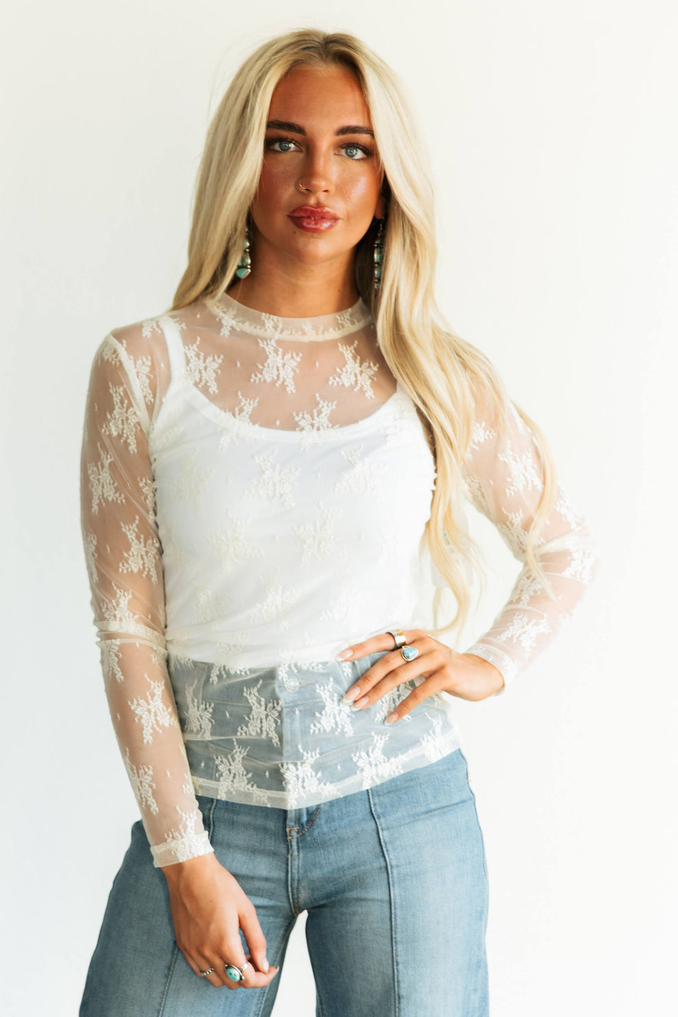 Sheer Lace Mesh Mock Neck Long Sleeve Top