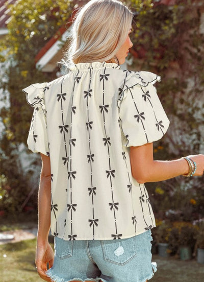 Bow Ruffled Bubble Sleeve Tied Notched Blouse