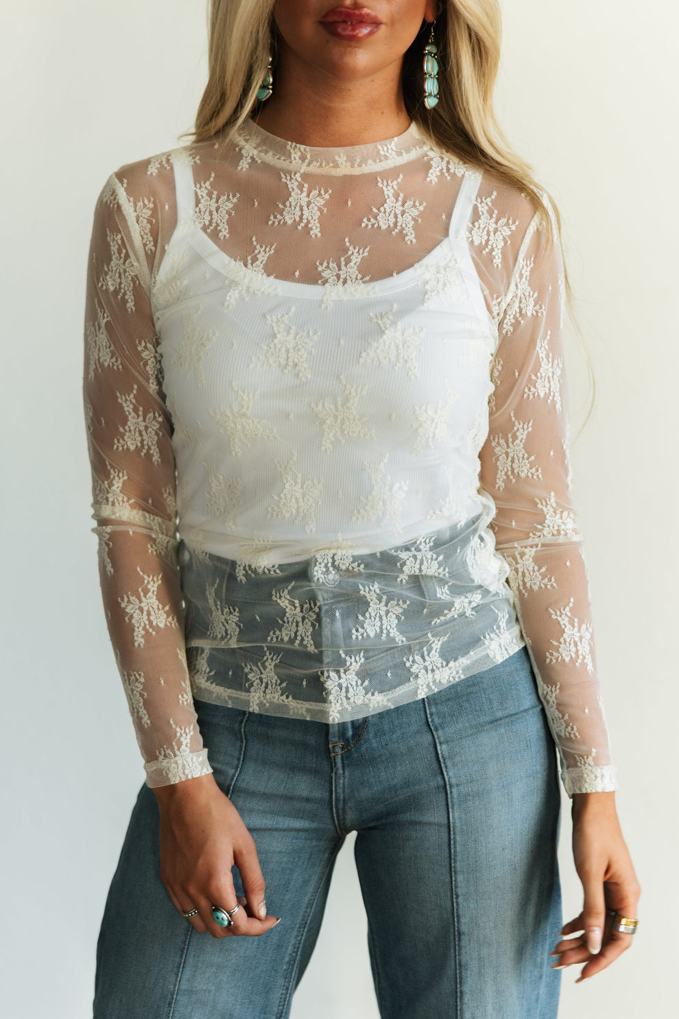 Sheer Lace Mesh Mock Neck Long Sleeve Top