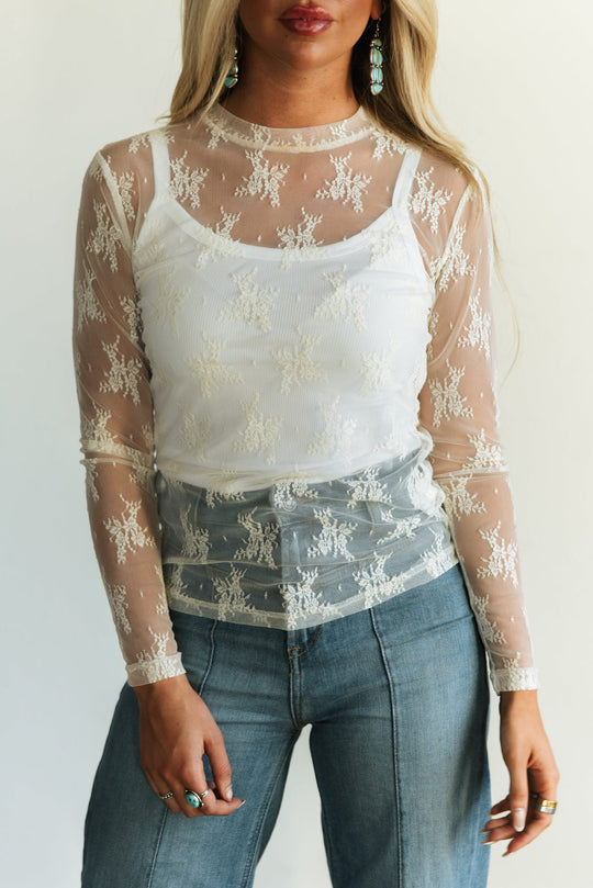 Sheer Lace Mesh Mock Neck Long Sleeve Top