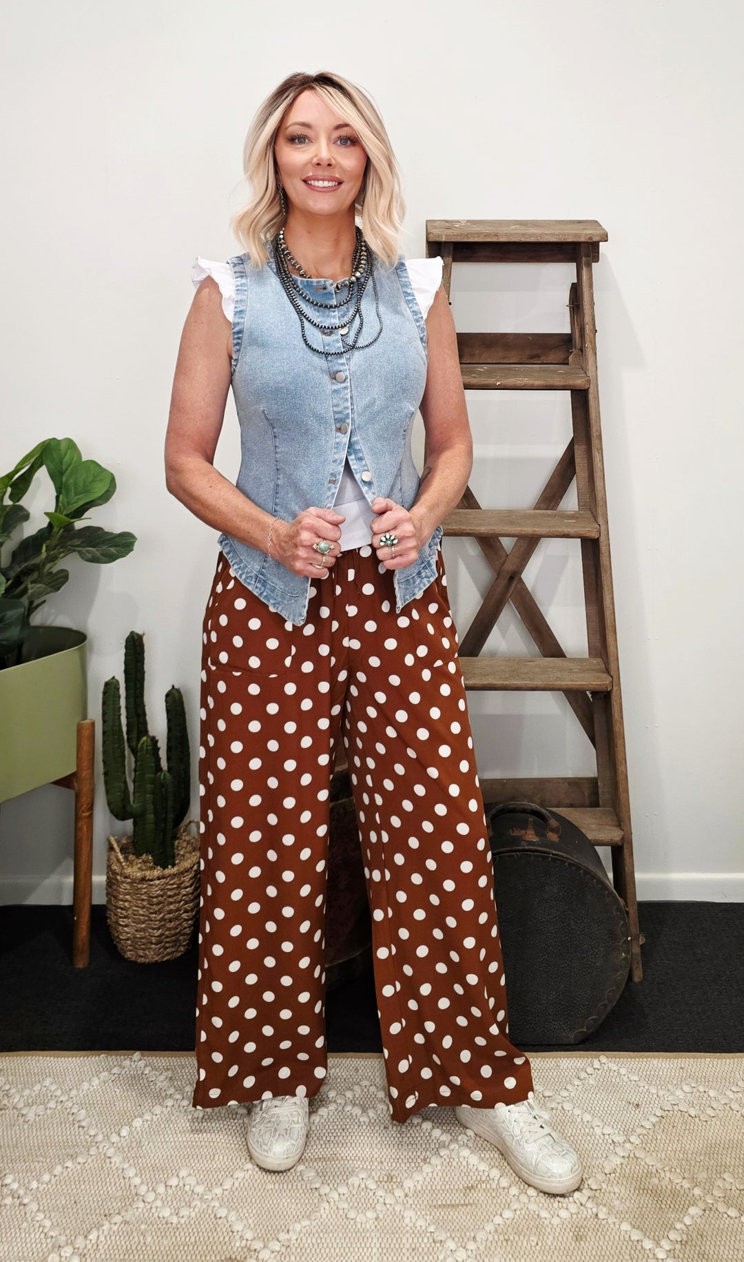 Savannah Brown and White polka dot pants