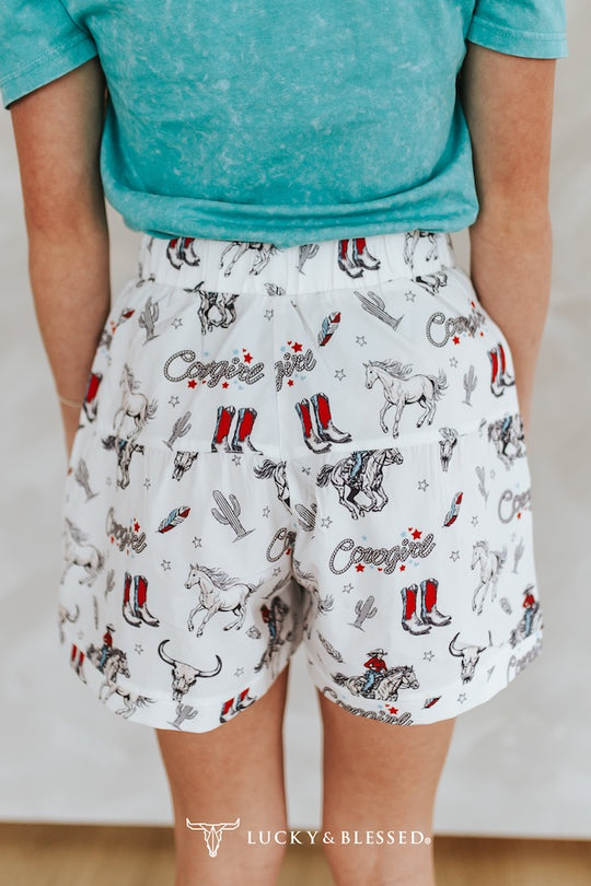 Mabel Western Printed Concho Button Down Elastic Waistband Shorts