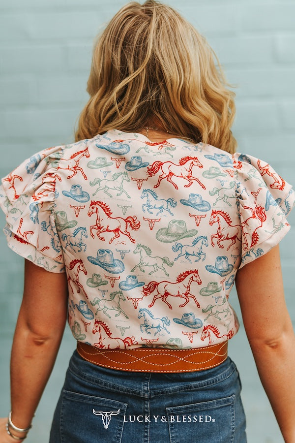 Paisleigh Running Horse Flutter Sleeve Top