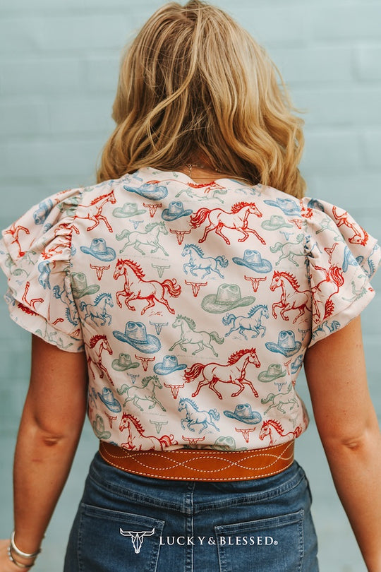 Paisleigh Running Horse Flutter Sleeve Top